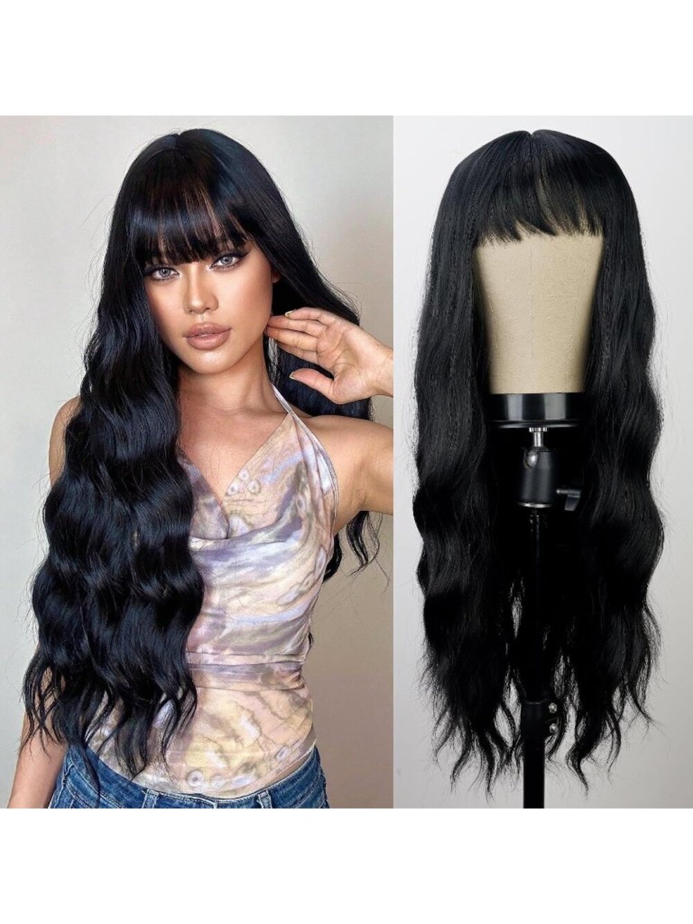 Women's Black 26 Inch Natural Looking Synthetic Fiber Long Wavy Wigs Bangs